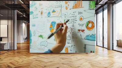 Close-up of a hand sketching a sustainable business model on a whiteboard, incorporating global economic elements Wall mural