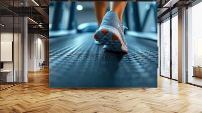 Close-up of feet stepping on a treadmill, beginning of a cardio workout, focus on the movement Wall mural