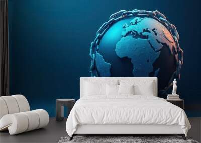 Futuristic globe shrouded in chains, digital debt overlay, global economic crisis, neon blue glow Wall mural