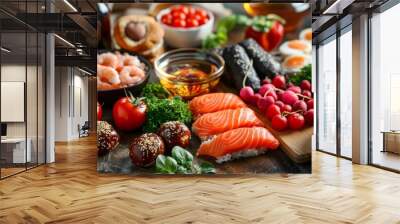 Lifestyle Choices Collage, Combine images of unhealthy foods high in saturated fats with exercise and heart healthy meals Wall mural