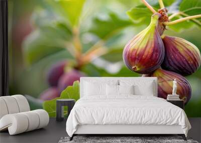 Lush green leaves frame ripe figs, showcasing their vibrant purple and green hues against a blurred background, highlighting their freshness and natural appeal. Wall mural