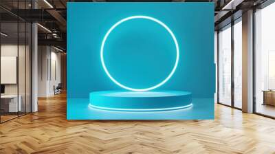 Modern blue circular display with neon highlights on a minimalist background. Wall mural