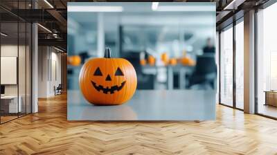 Office Halloween trivia contest with pumpkin prizes, festive work activity Wall mural