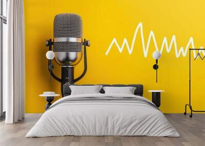 Retro microphone on yellow background with sound wave graphic. Wall mural