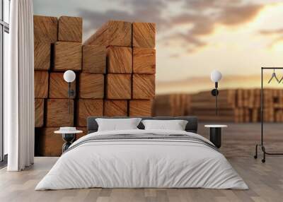 Stacks of wooden blocks against a sunset sky, symbolizing construction and craftsmanship in a serene outdoor setting. Wall mural