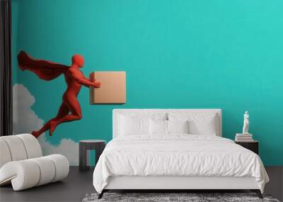 Superhero courier flying through the sky with a package in hand, combining speed and reliability, heroic delivery service Wall mural