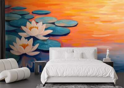 Vivid impressionist oil painting of a lily-filled pond at sunset, warm colors reflecting on the water, rich with texture Wall mural