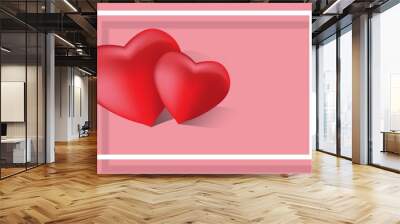 Happy Valentines Day card. Vector illustration background with two hearts, pink and rad color Wall mural