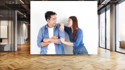 Asian couple in blue shirt on white background  happy and smile mood Wall mural