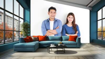 Asian couple in blue shirt on white background  happy and smile mood Wall mural