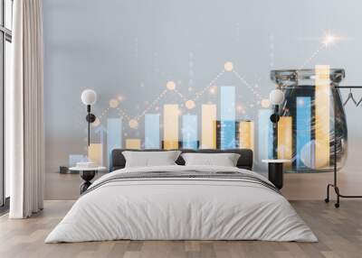 Glass jars and stacks of silver coins,profit growth graph,progressive ideas for improving financial and investment results,Interest rate data analysis, balance sheet, net profit account Wall mural