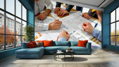 Generate a photo realistic image of a construction project team conducting a review of budget tracking, with detailed financial charts and tracking reports; ensure the image is of high resolution Wall mural