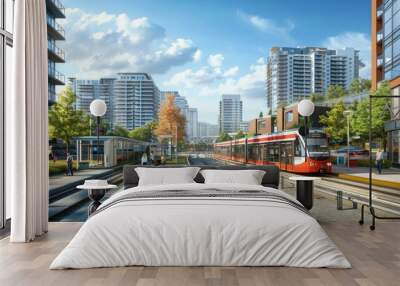 Generate a photo realistic image of transit-oriented development integrating residential and commercial areas around public transport; ensure the image is of high resolution. Wall mural