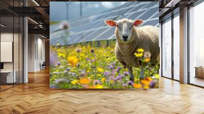 Sheep are standing in a wildflower-strewn meadow, with the backdrop of solar panels and wind turbines. Agrivoltaics concept that involves the shared use of land for solar parks and sheep Wall mural