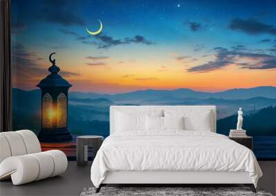 A beautiful Ramadan lantern on the left side of an empty wooden table, with the crescent moon and stars in the sky and an Arabic landscape background Wall mural