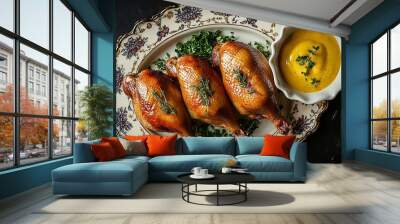 A beautifully presented platter of two whole, golden-brown duck legs with a richly textured skin and well-rimmed tail feathers. Wall mural