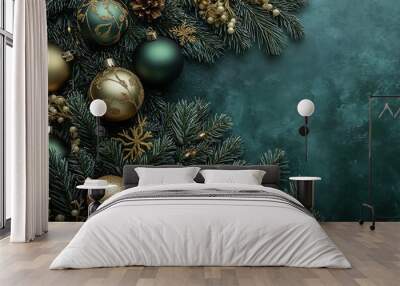 A Christmas tree decorated with gold and green ornaments, against a black background Wall mural