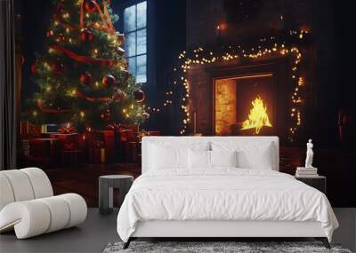 A cozy living room decorated for Christmas, featuring an elegant green Christmas tree surrounded by presents on the floor and a fireplace with candles  Wall mural