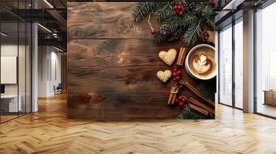 A cup of coffee with latte art in the shape of a heart on a wooden table Wall mural