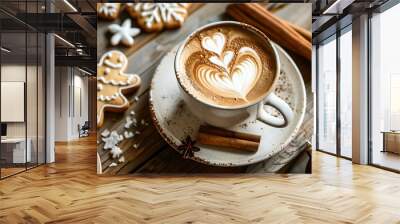 A cup of coffee with latte art in the shape of a heart on a wooden table Wall mural