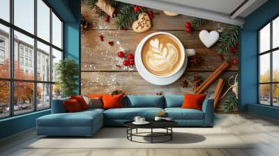 A cup of coffee with latte art in the shape of a heart on a wooden table Wall mural