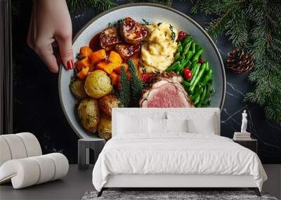 A plate of British Christmas dinner with traditional side dishes, including sculpted vegetables and an apple dress on the chicken Wall mural