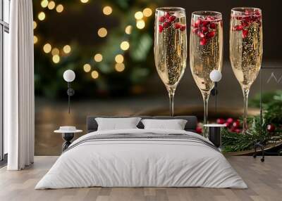 A tray with three champagne glasses, decorated for Christmas and filled with sparkling white wine Wall mural