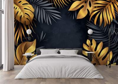 Black and gold tropical leaves with a geometric frame on a black background, vector presentation design illustration Wall mural