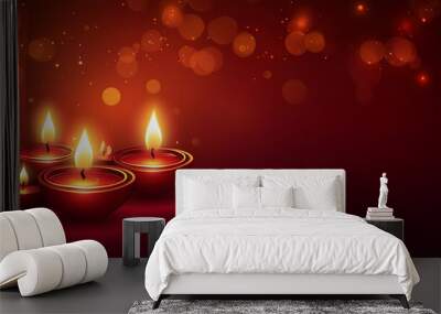 Colorful Happy Diwali festival backdrop with bokeh lights, oil lamp, flower on red background Wall mural