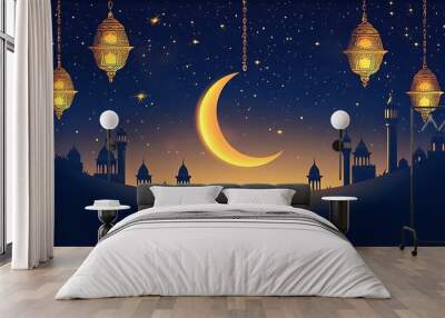 Eid Mubarak and Ramadan Kareem greetings with an Islam crescent, lantern, mosque banner backdrop Wall mural