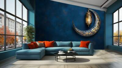 Elegant crescent moon with an ornate lantern on a dark blue background for Ramadan Kareem or an Islamic greeting festival celebration Wall mural