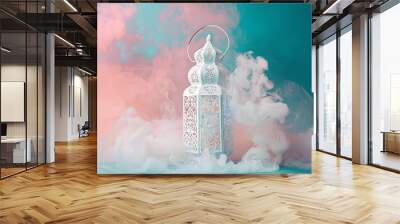 Elegant Ramadan background with illuminated lantern and arabic ornament on blue wall, copy space for text, banner design. Wall mural