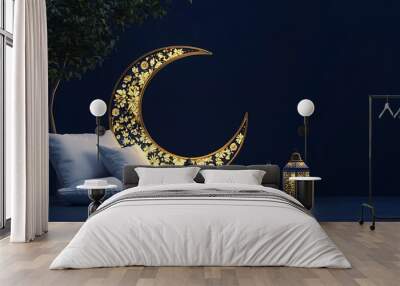 Elegant Ramadan Kareem greeting with crescent moon and lantern illustration background, template on isolated white, 3D rendering. Islamic holiday concept for poster or banner design Wall mural