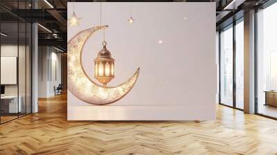 Elegant Ramadan Kareem greeting with crescent moon and lantern illustration background, template on isolated white, 3D rendering. Islamic holiday concept for poster or banner design Wall mural