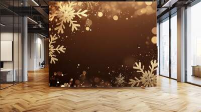 Gold snowflakes on a brown background with bokeh lights Wall mural