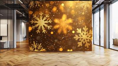 Golden Christmas background with snowflakes Wall mural