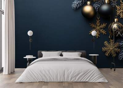 Modern minimalistic background with black and gold color, Christmas decoration elements like snowflakes and baubles Wall mural