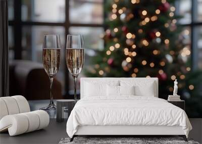 Two champagne glasses on top of a table, a Christmas tree in the background, and black and gold decorations Wall mural