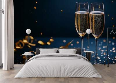 Two champagne glasses on top of a table, a Christmas tree in the background, and black and gold decorations Wall mural