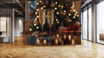 Two champagne glasses on top of a table, a Christmas tree in the background, and black and gold decorations Wall mural