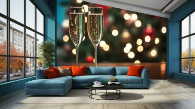 Two champagne glasses on top of a table, a Christmas tree in the background, and black and gold decorations Wall mural