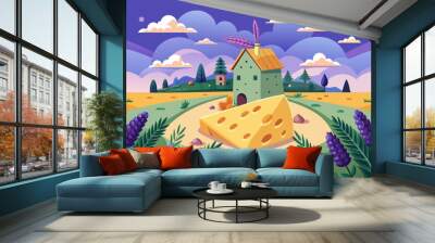 A piece of cheese on a background of Provencal herbs and a field of lavender mill Wall mural