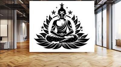 buddha silhouette with stars in lotus position isolated. Tattoo, sticker or print design vector illustration Wall mural