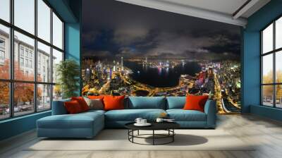 360 Angle panorama night light cityscape of Hong Kong view from the sky. Wall mural