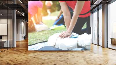 Asian female or runner woman training CPR demonstrating class in park by put hands and interlock finger over CPR doll give chest compression. First aid training for heart attack people or lifesaver. Wall mural