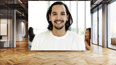 Portrait of young happy short stylish bearded asian man or creative designer smile and looking at camera feeling confident in casual shirt. Headshot of hipster male employee, entrepreneur or student. Wall mural