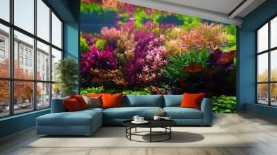 Aquarium. Colorful aquatic plants in aquarium tank with Nature-Dutch style aquascaping layout. Wall mural