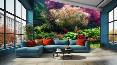 Colorful aquatic plants in aquarium tank with Dutch style aquascaping layout Wall mural