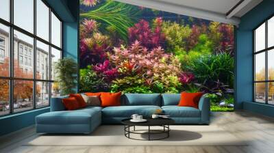 Colorful aquatic plants in aquarium tank with Dutch style aquascaping layout Wall mural