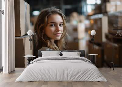 A young woman in her new house with cardboard boxes from moving house. Independence. Wall mural